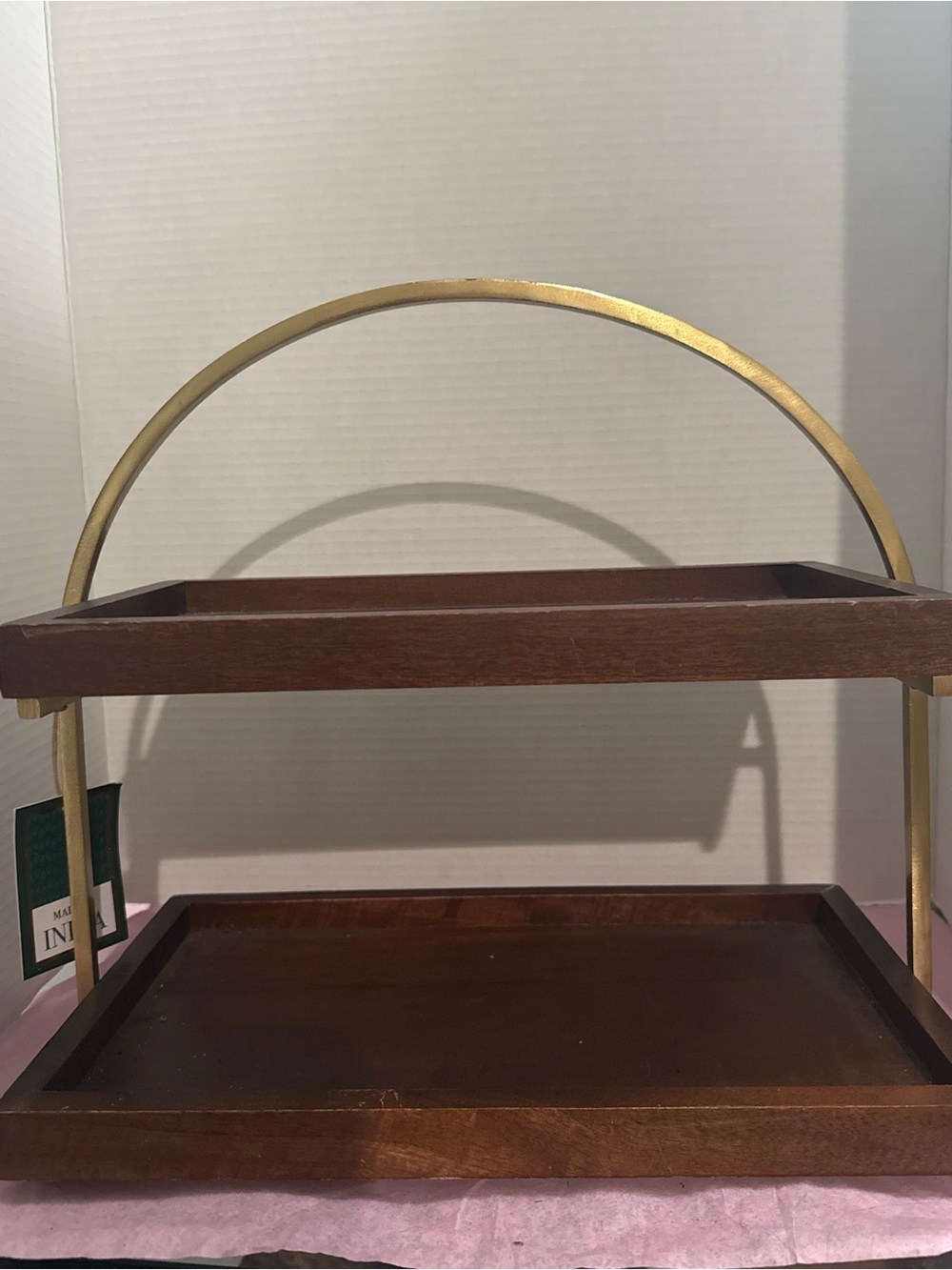 Two-Tier Wood Serving Tray with Gold Arch Handle